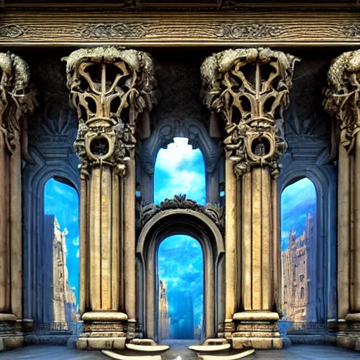 Image similar to carved futuristic gateway at the end of ancient ornate steps with a large wide window to a city which details the vast architectural scientific ancient and cultural achievements of humankind, complex composition, molecules and machines, renato muccillo, jorge jacinto, damian kryzwonos, ede laszlo, highly detailed digital art, cinematic blue and gold