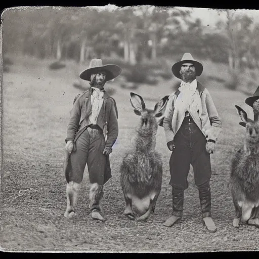 Image similar to kangaroo and wallabies wearing cowboy costumes, small town, 1 8 6 0 s, photo