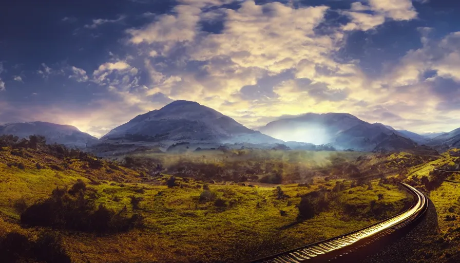 Prompt: panorama fast train driving through valley, green hills, matte painting, artstation, sunrise, blue sky