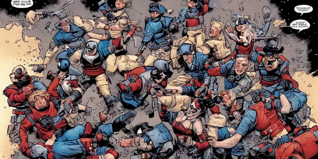 Image similar to Keystone cops fighting Harley Quinn. Epic painting by James Gurney and Laurie Greasley.