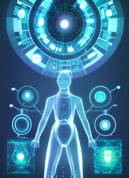 Image similar to hospital!, teams, healing, energetic, life, hybrids, scifi, healing glowing lights, vitals visualiser!!, published concept art, art in the style of everything and infinity, from wikipedia
