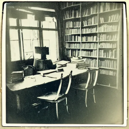 Prompt: 1880, inside a writer room, many books, piles of books, beautiful light, long shadows, 50 mm lens, polaroid photo, yellowed, crackles, scratches, dust, stains