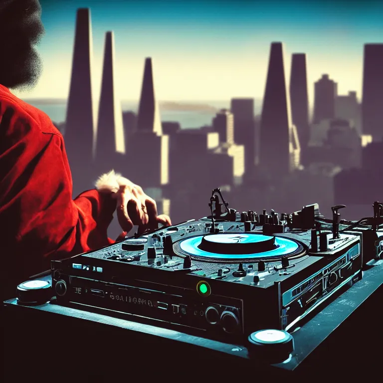 Prompt: a photograph portrait of an anthropomorphic cyberpunk bigfoot dj at the turntables spinning records, over the shoulder shot with san francisco in background, detailed render, tape deck, boombox, headphones, epic composition, cybernetics, 4 k realistic, cryengine, realistic shaded lighting, sharp focus, masterpiece, by matteo scalera