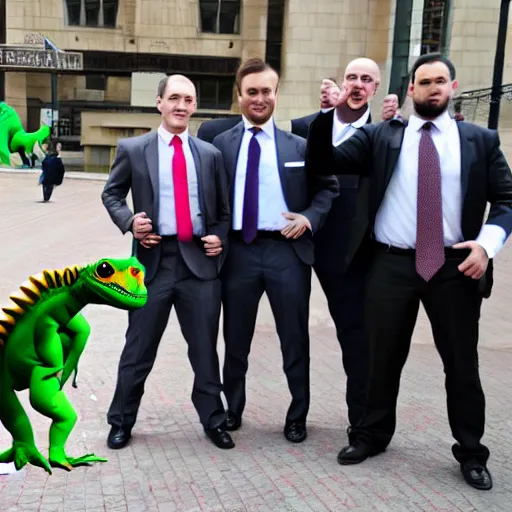 Prompt: businessmen in suits throwing up gang signs at a baby dinosaur