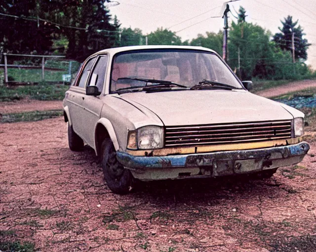 Image similar to a lomographic photo of old lada 2 1 0 7 standing in typical soviet yard in small town, hrushevka on background, cinestill, bokeh