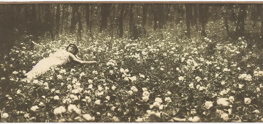 Image similar to beautiful woman on the ground covered in flowers, Forest, ray gods, 1910 top-down polaroid photography
