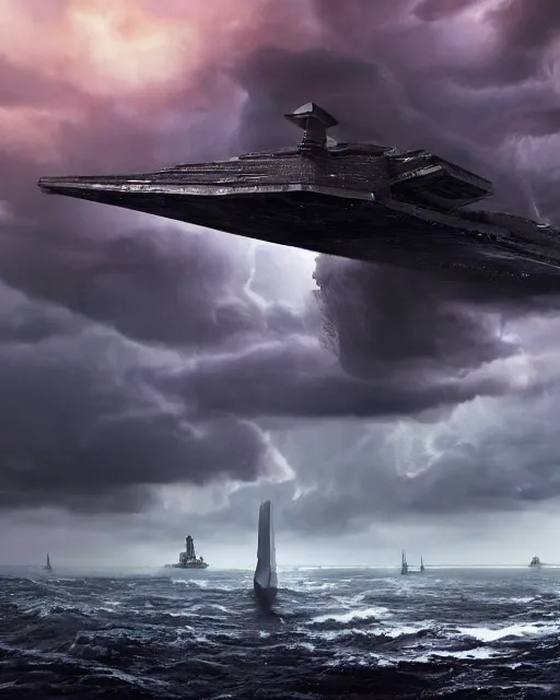 Prompt: scifi action scene of a fishing boat on stormy seas, a very large star destroyer spaceship flying overhead, the very large star destroyer spaceship is emerging from storm clouds, sunset lighting, stormy weather, dramatic lighting, unreal engine, hyper realism, realistic shading, cinematic composition, realistic render, octane render, detailed textures, photorealistic, ultrawide shot, 1 6 mm lens