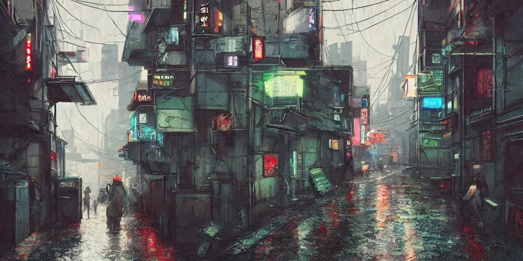 Image similar to Cyberpunk back alley on a rainy day in Japan, low angle view, detailed matte painting, cinematic, Simon Stalenhag, Artstation