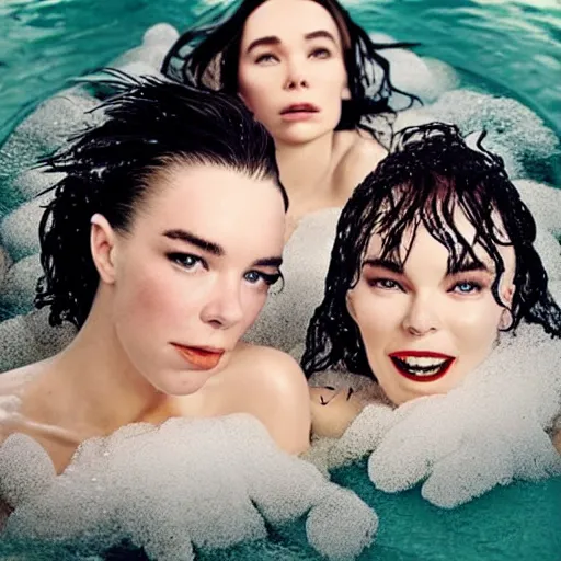 Image similar to stunning vogue magazine photo of dark - haired goddesses vanessa kirby, hailee steinfeld, and bjork smiling, legs intertwined, in a bubble bath, with wet faces!!, wet lips, smooth skin, perfect eyes, insanely detailed, elegant, by wlop, rutkowski, livia prima, mucha, wlop,