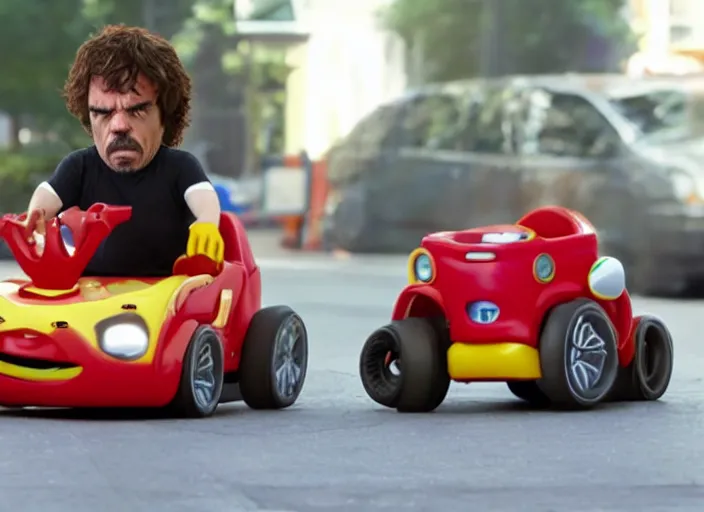 Image similar to peter dinklage mad driving a little tikes car, movie still, from the new fast and furious movie, 8 k, realistic