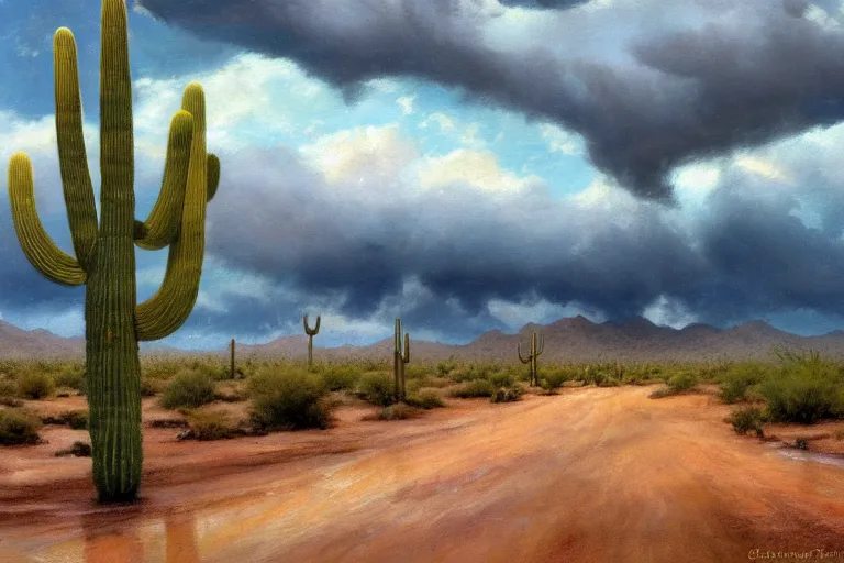 Prompt: a stormy monsoon rainstorm in the arizona desert, the sonoran desert landscape is filled with assorted trees and creasote bushes, cacti, water puddles, beautiful cloudy deep blue sky, by georgia o'keeffe and thomas kinkade and quentin mabille and geoffroy thoorens, trending on artstation