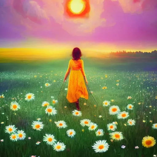 Prompt: daisy flower as a face, girl walking in flower field, holding daisy, surreal photography, sunrise, impressionist painting, colorful clouds, digital painting, artstation, simon stalenhag, flower face