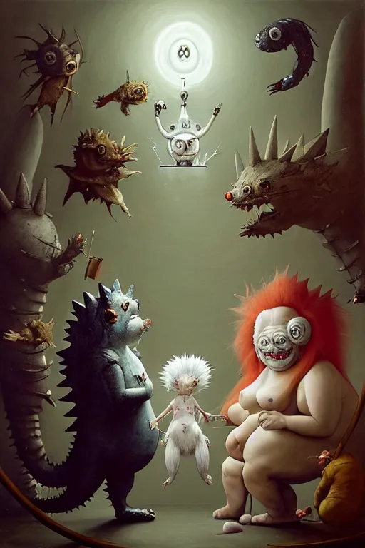 Image similar to hieronymus bosch, greg rutkowski, anna podedworna, painting of two white haired catgirls, a small fat blue godzilla, a pickle in a suit and tie, a cybernetic fox woman, a woman with one eye, a small hedgehog, a man with a shrimp for a head, pointing at a vampire clown with red hair in a vr headset