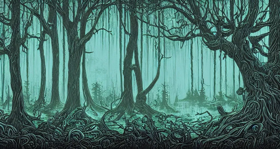 Prompt: A dense and dark enchanted forest with a swamp, by Dan mumford,