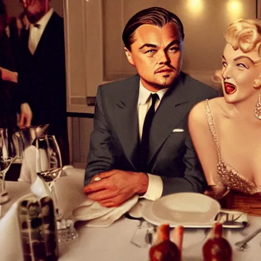 Image similar to leonardo dicaprio and marilyn monroe at a paris restaurant in 2 0 2 2, hyper realistic, ultra detailed, 8 k, cinematic