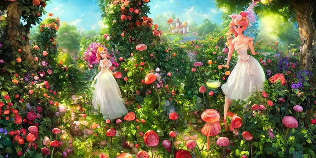 Image similar to Princess peach wandering through her hedge hedge garden of exotic flowers in the Mushroom Kingdom, giant mushrooms, and roses, from behind, streets, birds in the sky, sunlight and rays of light shining through trees, beautiful, solarpunk!!!, highly detailed, digital painting by Michael Garmash and Peter Mohrbacher