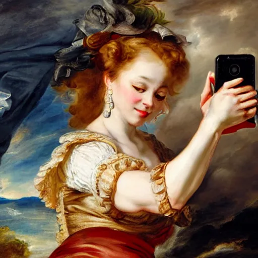 Prompt: heavenly summer sharp land sphere scallop well dressed lady taking a selfie with her cellphone auslese, by peter paul rubens and eugene delacroix and karol bak, hyperrealism, digital illustration, fauvist, cellphone