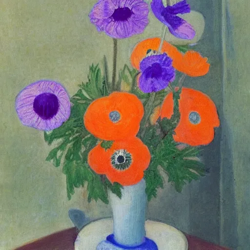 Prompt: light orange by gabriele munter, by william russell flint weary. a photograph of a group of anemones in a vase