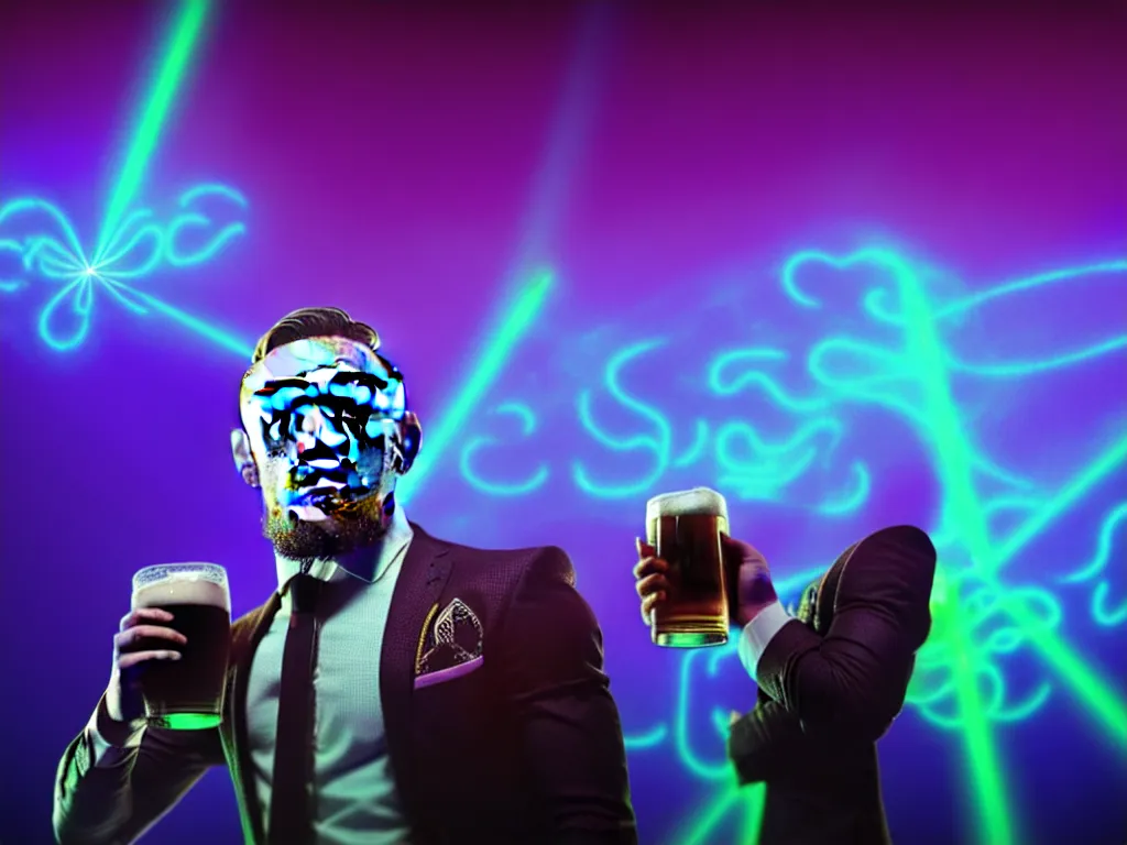 Image similar to conor mcgregor drinking a beer in an irish pub, laser show with blue cloud patterns, well framed, neon standup bar, trending on art station, in the style of the movie heat with al pacino, volumetric lighting & shadows, digital art, unreal engine, 4 0 0 mm f 1. 2,