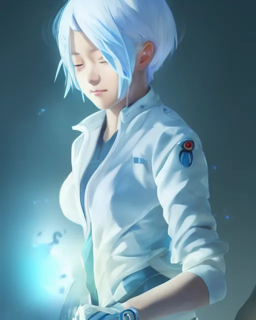 Image similar to a pale korean girl with white hair wearing a blue outfit with blades hovering around her, full shot, perfectly shaded body, atmospheric lighting, detailed face, by makoto shinkai, stanley artgerm lau, wlop, rossdraws