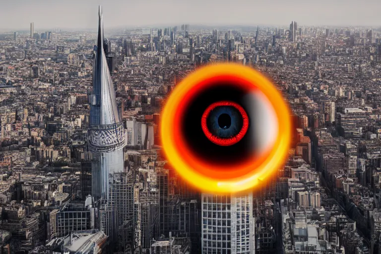 Prompt: a photo of the eye of sauron on top of trump tower, digital art, 8k, UHD