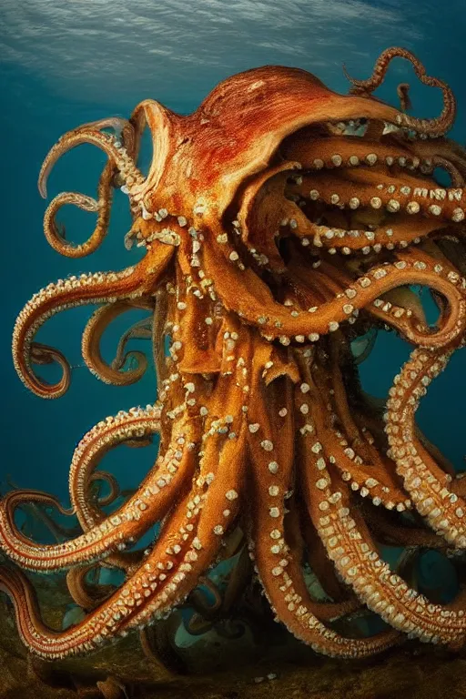 Image similar to a spectacular wideangle shot of a giant scary octopus dressed a a rococo queen, award winning National Geographic Nature photography