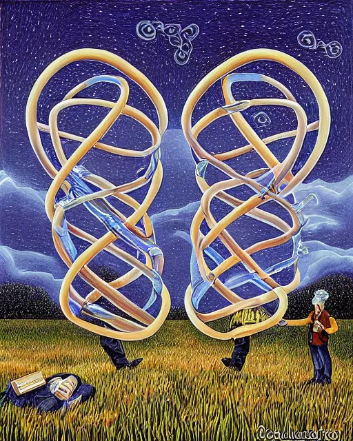 Image similar to in a field, two scientists in lab coats encounter a monster shaped like the DNA double helix, stormy weather, by Rob Gonsalves