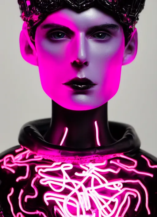 Image similar to photo of baroque and bladerunner delicate neon ruby sculpture of seductive ceramic albino king adrien sahores delicious pink iridescent humanoid deity wearing black fluffy hoody holding diamond skull in a black metallic dungeon, reclining, glowing rainbow face, crown of white diamonds, cinematic lighting, photorealistic, octane render 8 k depth of field 3 d