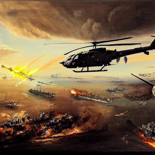 Image similar to a painting of helicopter getting shot down in the gulf war by Bernardo Bellotto, high detail, hyperrealistic, concept art, artstation, 8k