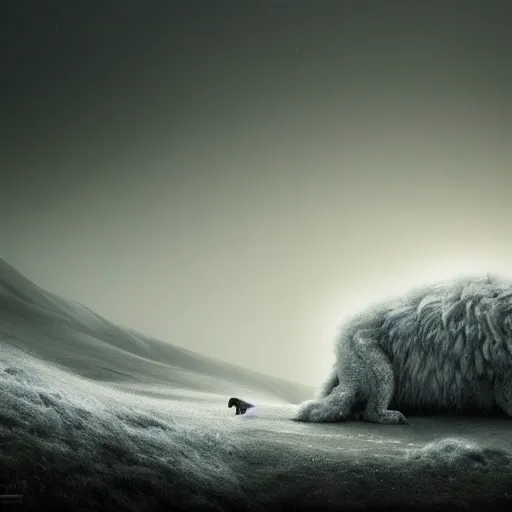 Prompt: giant sleeping ( ( ( ( samoyed ) ) ) ) creature creature in a tundra landscape, dramatic lighting, moody : : by michal karcz, daniel merriam, victo ngai and guillermo del toro : : ornate, dynamic, particulate, intricate, elegant, highly detailed, centered, artstation, smooth, sharp focus, octane render, 3 d