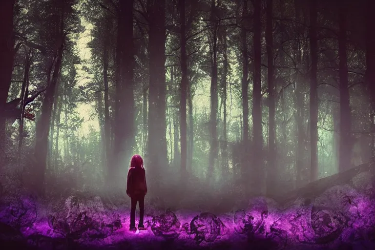 Image similar to Kurt Cobain stands in ancient magical forest, tall purple and pink trees, moonlit, winding path lined with bioluminescent mushrooms, fireflies, pale blue fog, mysterious, eyes in the trees, cinematic lighting, photorealism