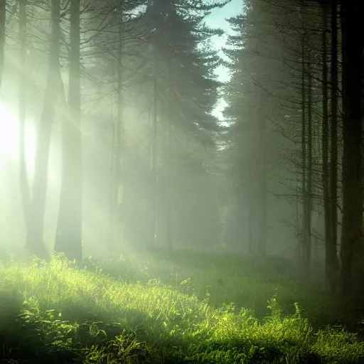 Image similar to misty forest scene, the sun shining through the trees