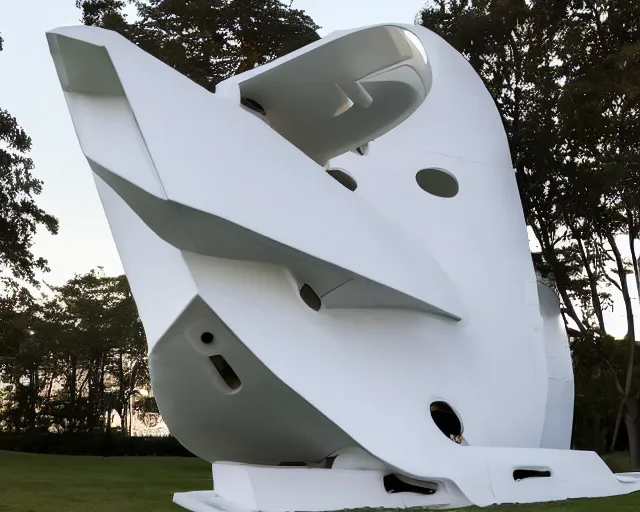 Prompt: photo of white minimalist abstract cubist sculpture of curvy spaceship with random small mecha mayan decorations, covered with few large white airplane parts with windows and doors, gigantic size, sunset lighting by a lake, reflected on the water