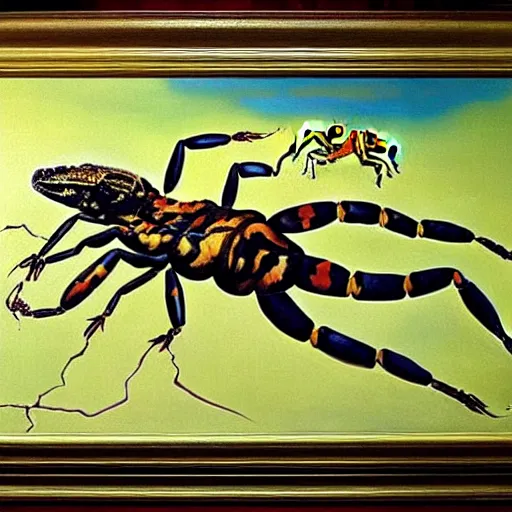 Prompt: hybrid of a scorpion and a jaguar. hyper realism painting by salvador dali and jackson pollock. 3 d depth and sense of scale