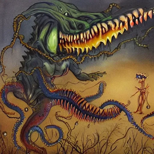 Image similar to The painting is in an animated style, with highly realistic detail. It depicts a scene from a Lovecraftian story, in which an evil creature is attacking a human. The creature is big and menacing, with sharp teeth and claws.