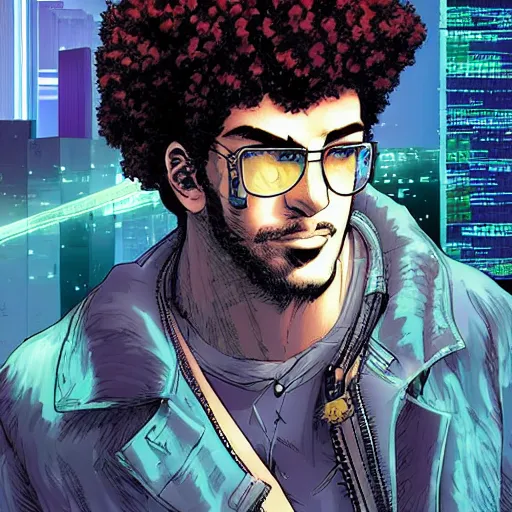 Prompt: a cyberpunk curly-haired persian guy by masamune shirow, digital art, aesthetic