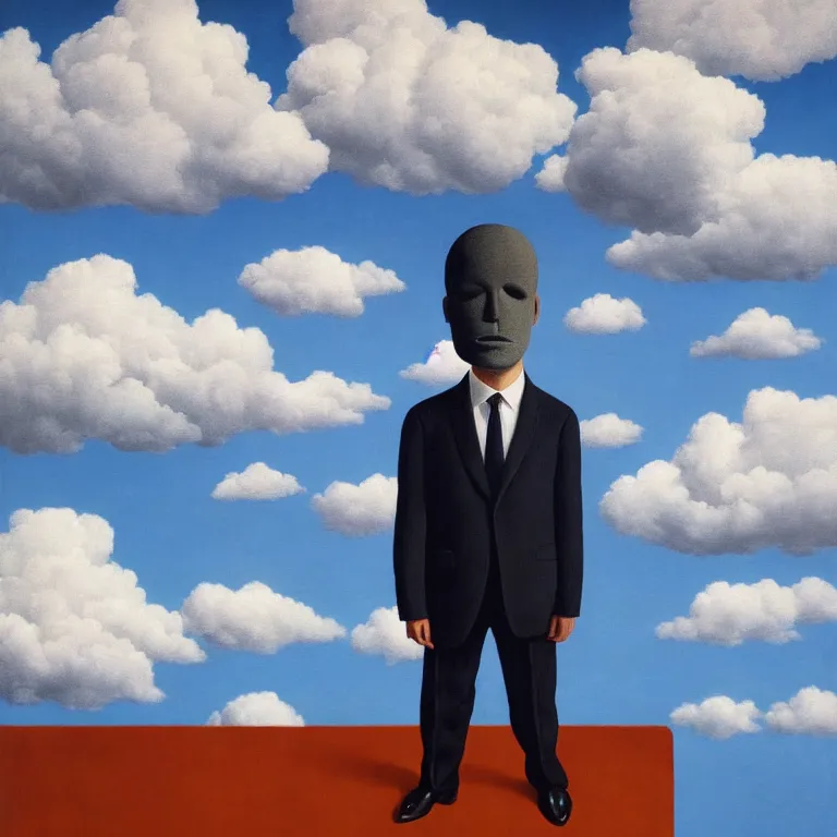 Prompt: portrait of headless man in a suit, clouds in the background, by rene magritte, detailed painting, distance, middle centered, hd, hq, high resolution, high detail, 4 k, 8 k