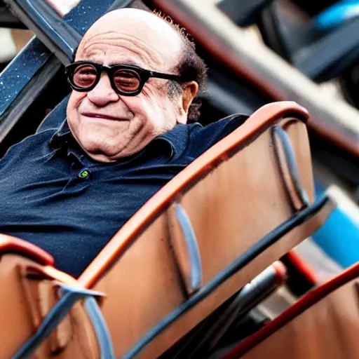 Prompt: close up photo of danny devito on a rollercoaster