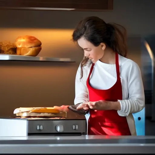 Image similar to A woman is watching her home nanotech fabrication appliance fabricate a sandwich,