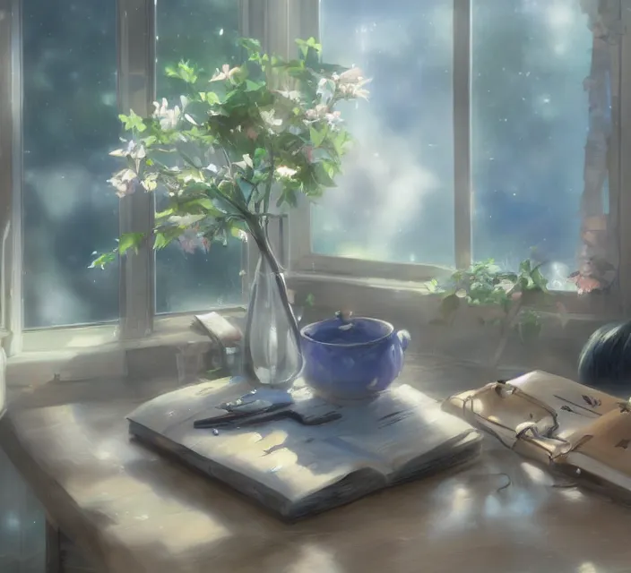 Prompt: a beautiful still life painting by Makoto Shinkai; extraordinary masterpiece!!!!!