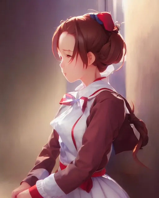 Image similar to young girl in maid uniform by Stanley Artgerm Lau, WLOP, Rossdraws, James Jean, Andrei Riabovitchev, Marc Simonetti, and kyoani, krenz cushart, pixiv