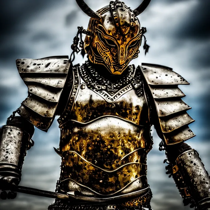 Prompt: photo of a warrior with metal tiger themed armour, highly detailed, 4 k, hdr, smooth, sharp focus, high resolution, award - winning photo