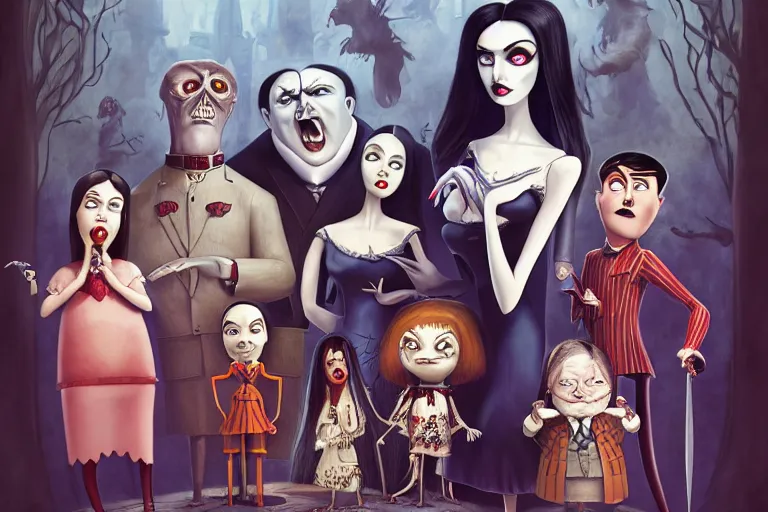 Image similar to the addams family, american mcgee's alice, sharp focus, artstation, trending, by julie dillon, luis melo, tyler miles lockett, lei jin, hong lei, ken wong, adam narozanski, joy ang