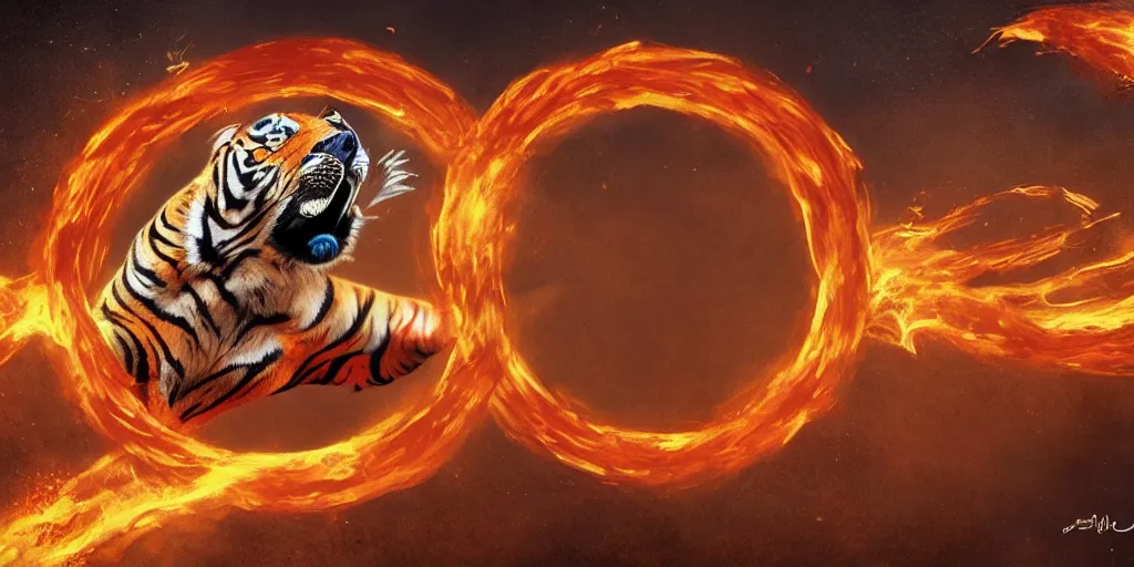 Prompt: a circus tiger jumping through a ring of fire wearing a bowtie, facing forward, realism, trending on Artstation