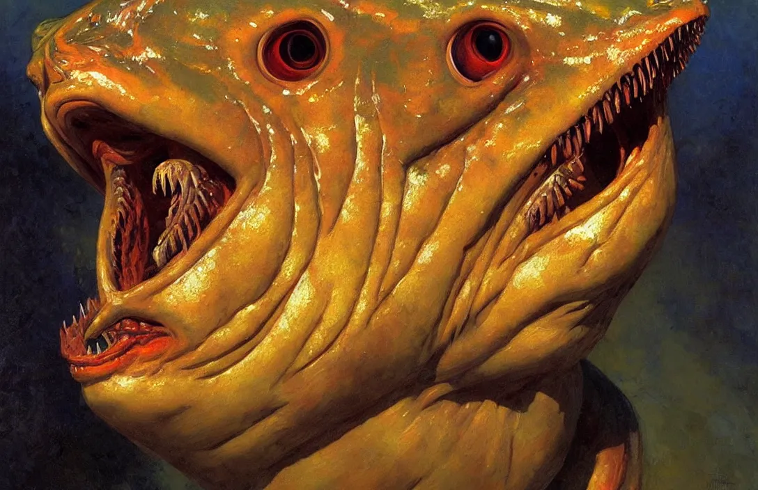 Prompt: portrait of fish creature with subtle human features!!!!!!!!!!!!!!!!!!!!!!!!!!!, detailed face, detailed painting, epic lighting, by ilya repin, phil hale and kent williams