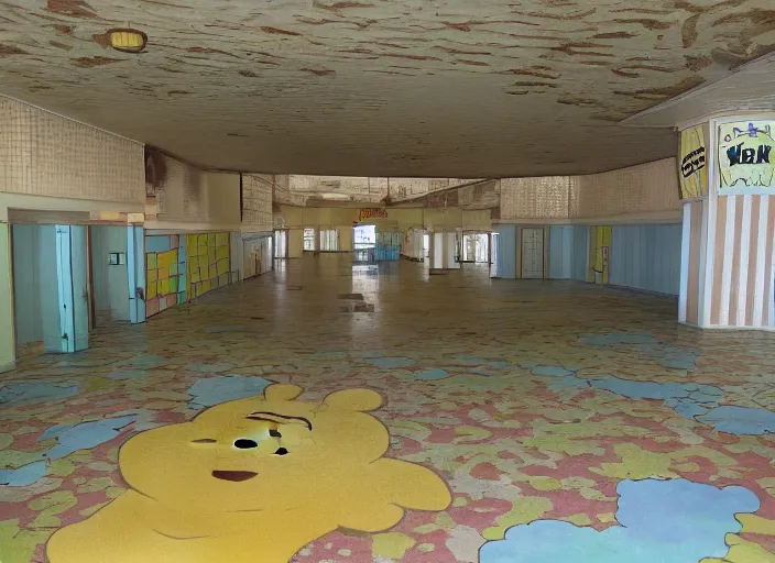 Image similar to the inside of the building for a Winnie the Pooh Disney wide, shut down, abandoned, Florida, out of business building, got shut down, kids place, interior, liminal spaces, backrooms, empty