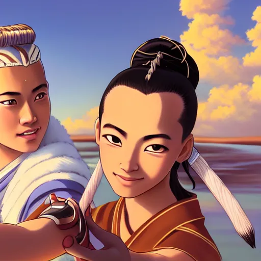 Image similar to beautiful serene intricate portrait of sokka and yue taking a selfie, smiling softly, relaxing on the beach, golden hour, soft focus, 8 k, art by irakli nadar, hyperrealism, hyperdetailed, ultra realistic