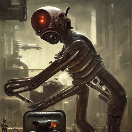 Image similar to closeup portrait of minimalist cyborg midget goblin with painful implants inside byzantine kowloon hoarder workshop filled with dieselpunk equipment, socialist realist composition by by greg rutkowski and h. r. giger and stalenhag and deak ferrand, studio ghibli composition