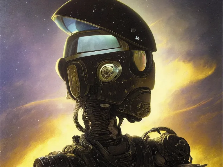 Prompt: a detailed profile oil painting of a lone shock trooper in a space armour and visor, cinematic sci-fi poster. technology flight suit, bounty hunter portrait symmetrical and science fiction theme with lightning, aurora lighting clouds and stars by beksinski carl spitzweg and tuomas korpi. baroque elements. baroque element. intricate artwork by caravaggio. Trending on artstation. 8k