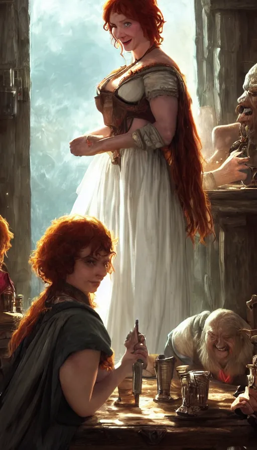 Image similar to young christina hendricks in a tavern, energetic, laughing, fit, warhammer, lord of the rings, sweaty, strong, intricate, highly detailed, digital painting, artstation, concept art, smooth, sharp focus, illustration, unreal engine 5, 8 k, art by artgerm and greg rutkowski and alphonse mucha